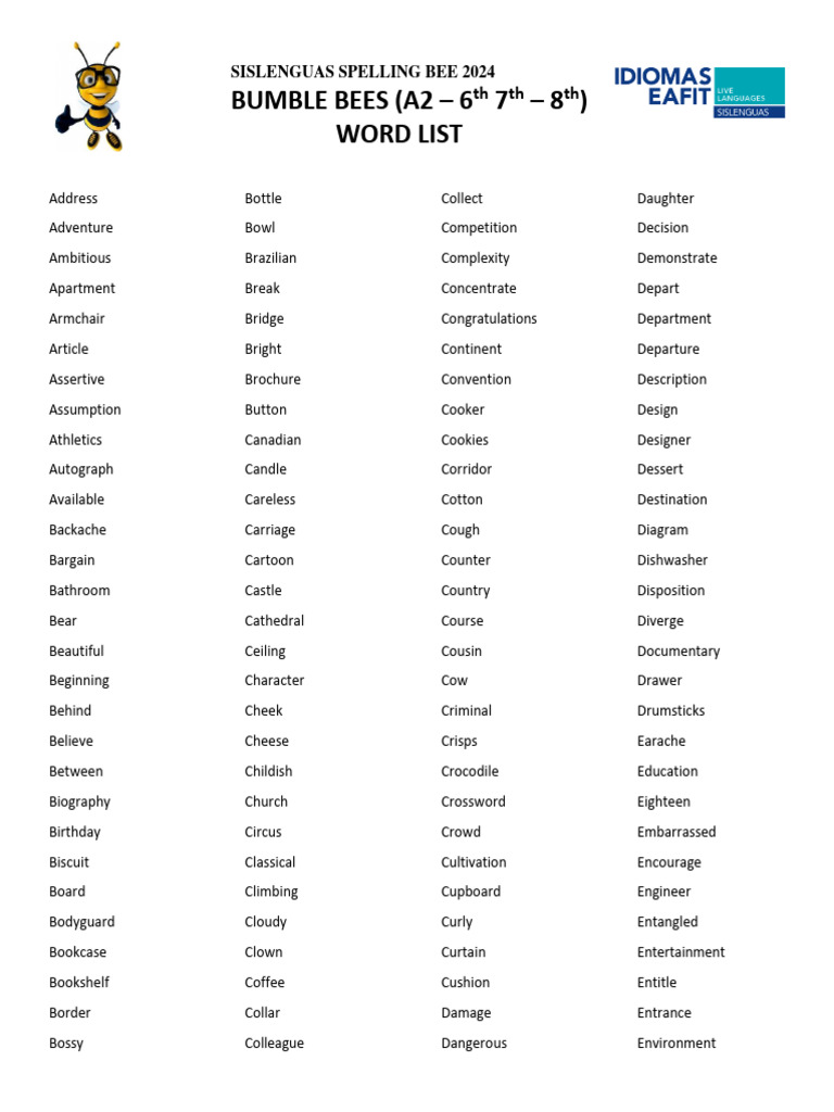 Lista Spelling Bee 6 7 8 Bumble Bees 2024 | PDF | Young Adult