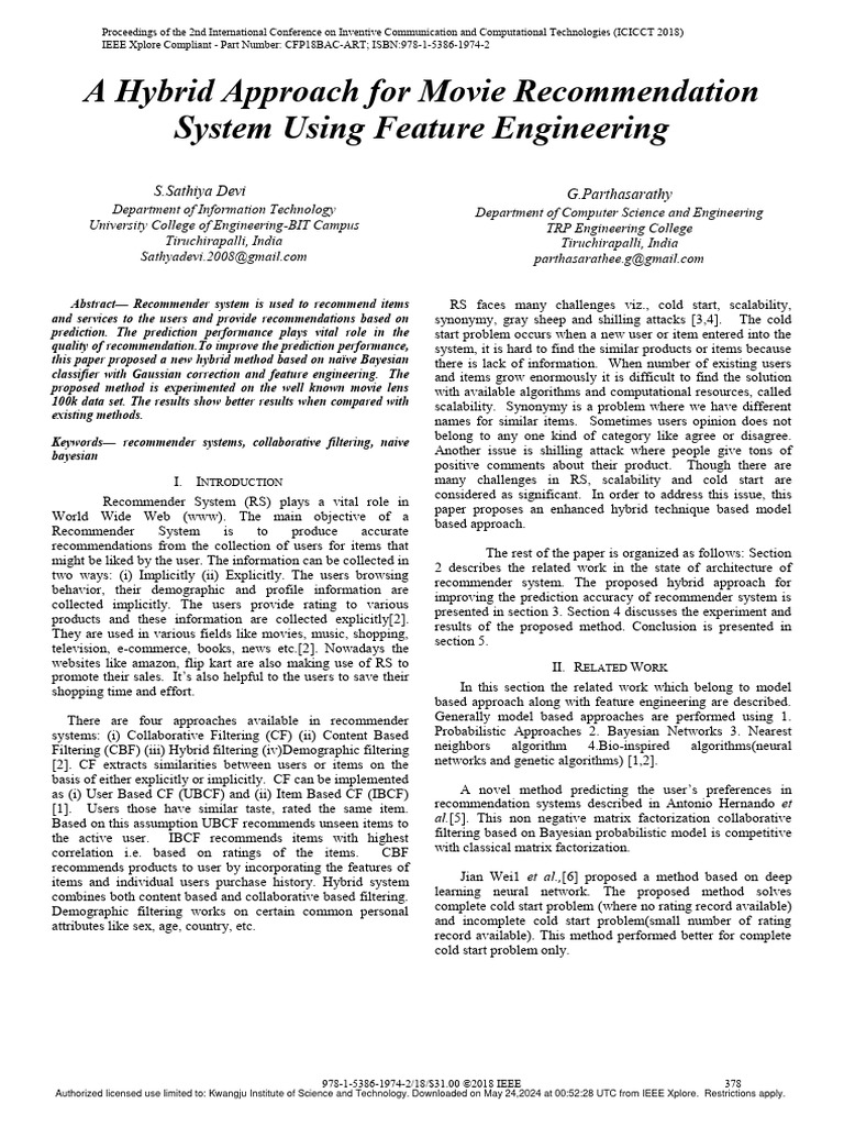 Hybrid Movie Recommendation System | PDF | Statistical Classification ...
