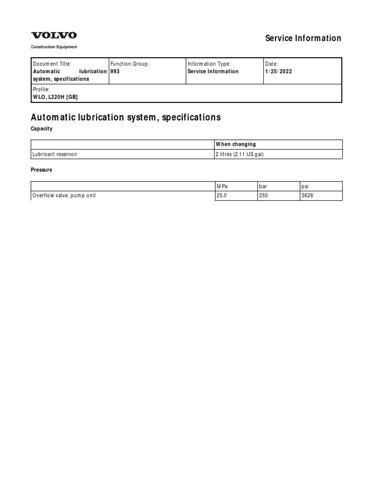 L220h automatic lubrication system specifications pdf