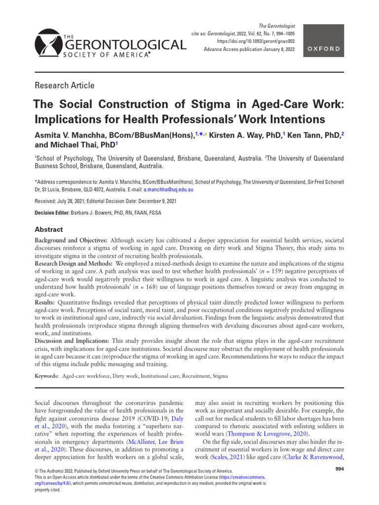 Stigma in Aged-Care Work: Impacts on Recruitment | PDF | Social Stigma ...