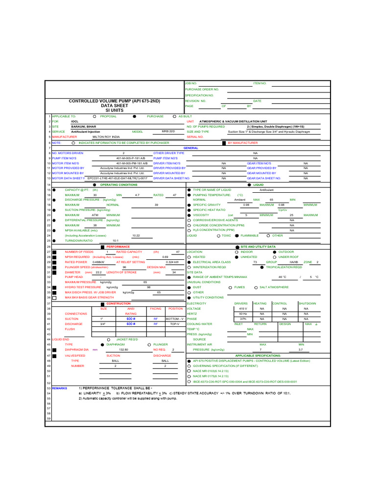 Pump Datasheet API 675 FORMAT | PDF | Valve | Pump
