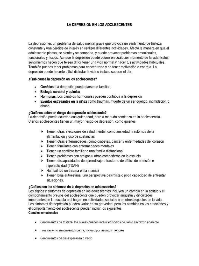 Depredsion en Adolecentes Marcoo Teorico | PDF | Trastorno depresivo ...