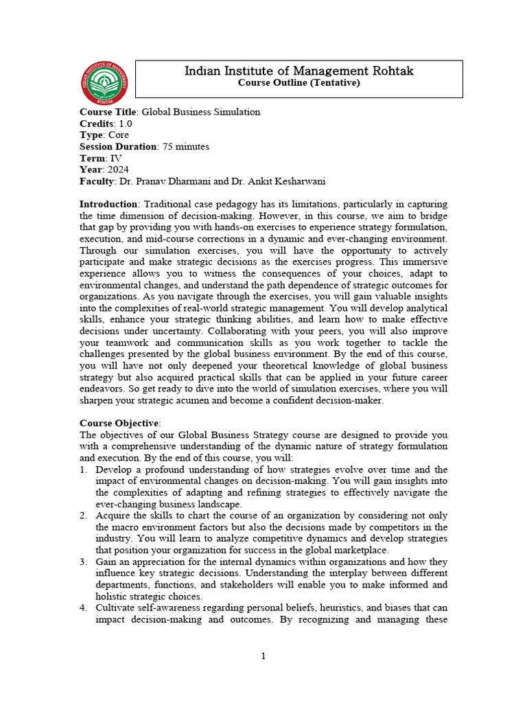 Global business simulation course outline 2024 pdf decision making
