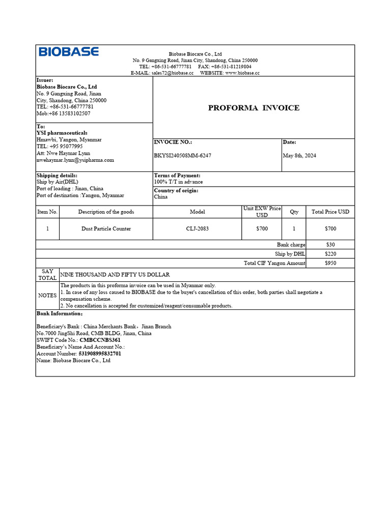 Proforma Invoice for YSI Pharmaceuticals | PDF | Invoice | Banking