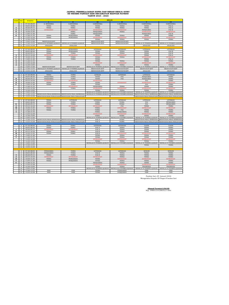 Jadwal Pembelajaran SD Pandan Sari 2023-2024 | PDF