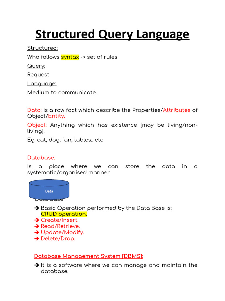 Structured Query Language: Data: Attributes Entity. Object | PDF ...