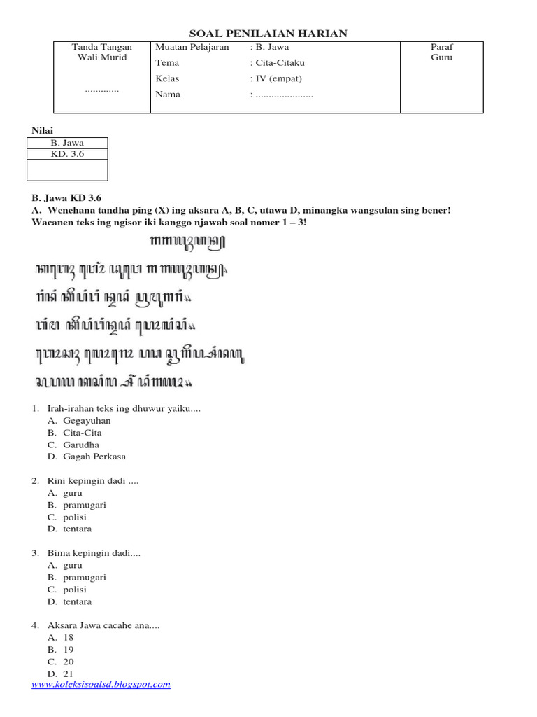 Soal Penilaian Harian B. Jawa Kelas 4 KD 3.6 (Cita-Citaku) Semester 2 | PDF