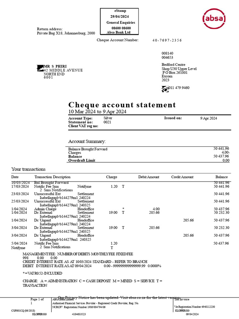 Cheque Account Statement Summary | PDF | Transaction Account | Credit Card