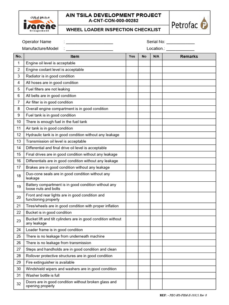 Wheel Loader Inspection Checklist PDF Loader (Equipment) Rear Wheel Drive Vehicles