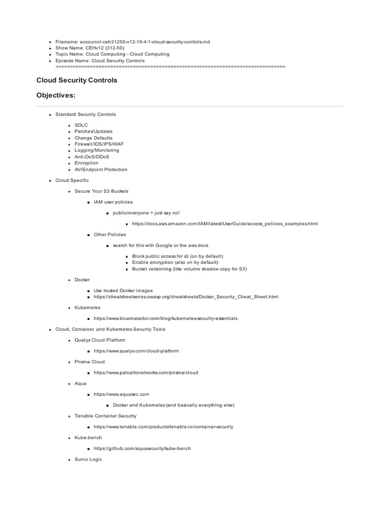 Eccouncil Ceh31250 v12 19 4 1 Cloud Security Controls | PDF