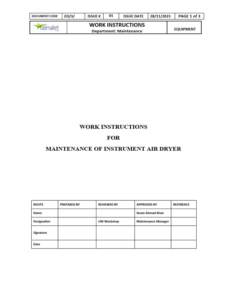 Work Instruction for Instrument Air Dryer | PDF | Personal Protective ...