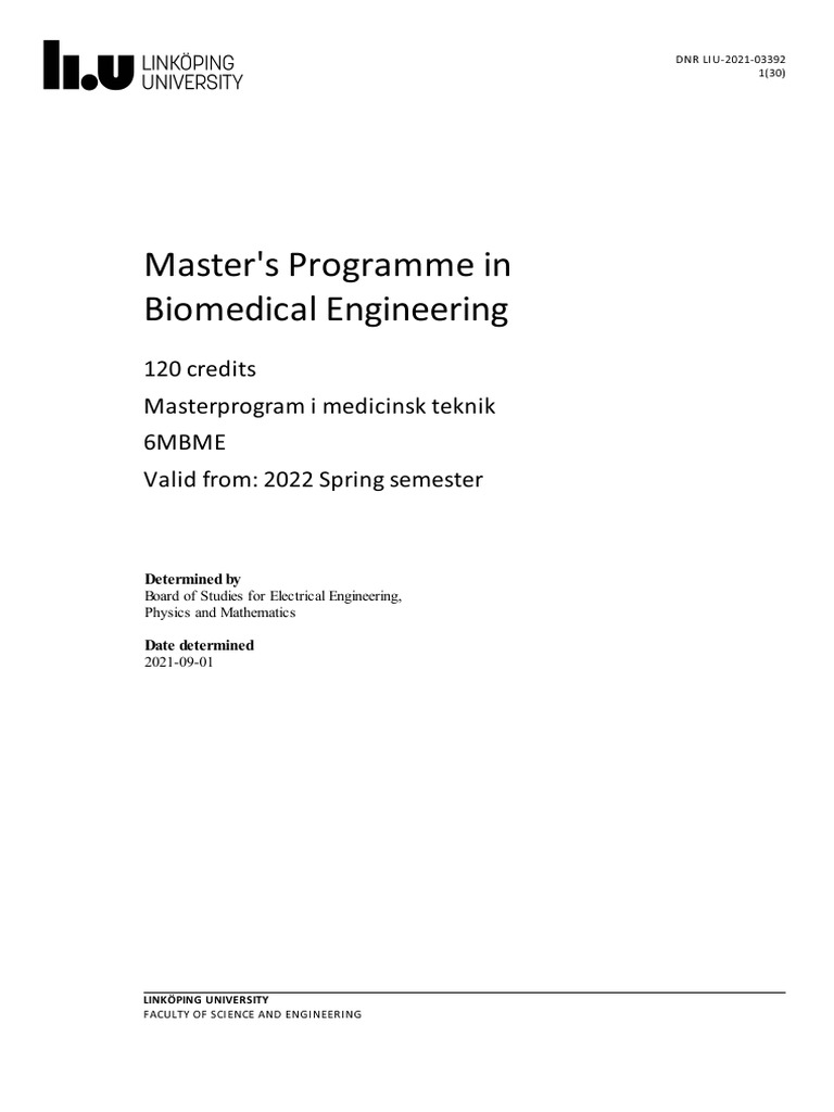 Syllabus Master S Programme In Biomedical Engineering Pdf Academic