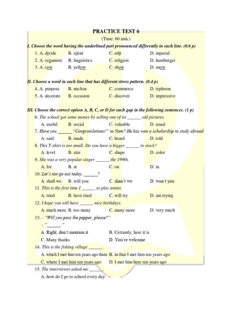 PRACTICE TEST 6 PDF Oceans Senses