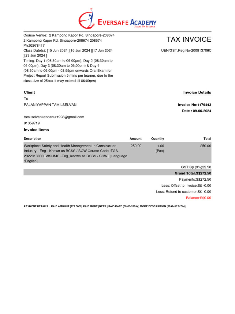 Eversafe Academy BCSS Course Invoice | PDF | Cheque | Invoice