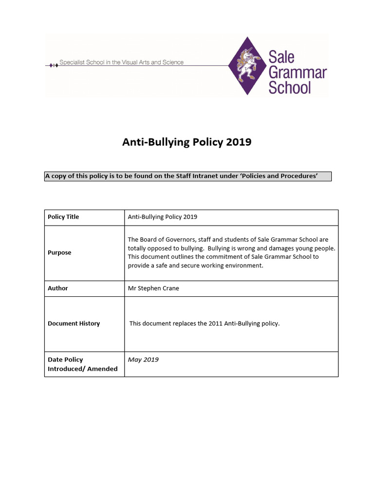 Sale Anti Bullying Policy | PDF | Bullying | Cyberbullying