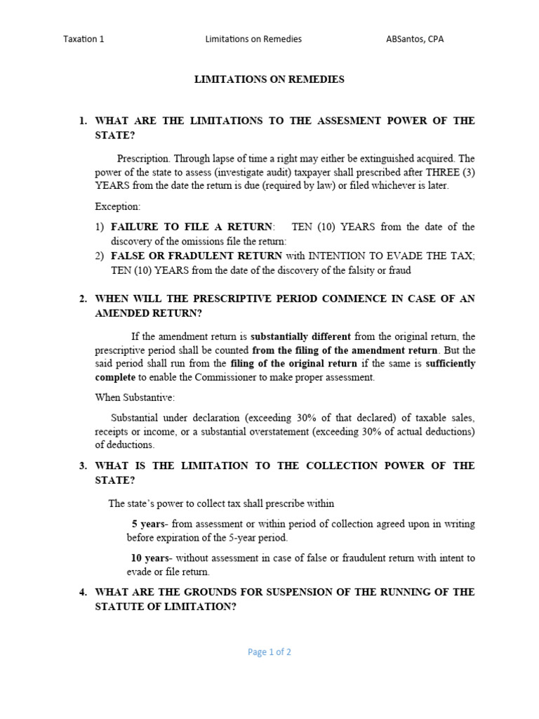 Philippine Taxation 101 PDF Statute Of Limitations Taxes