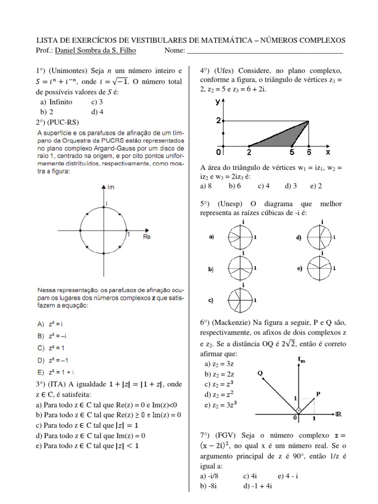 Lista de Exercícios de Vestibulares de Matemática - Números Complexos ...