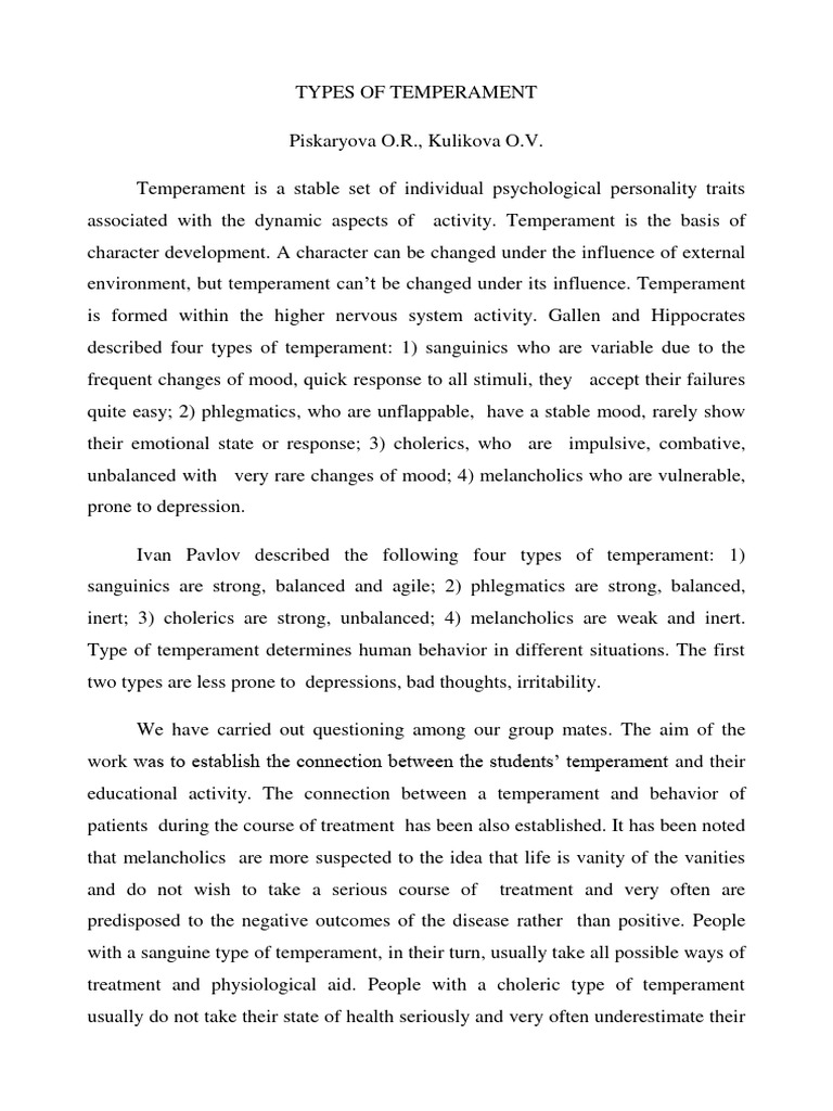 Types Of Temperament Pdf Temperament Depression Mood