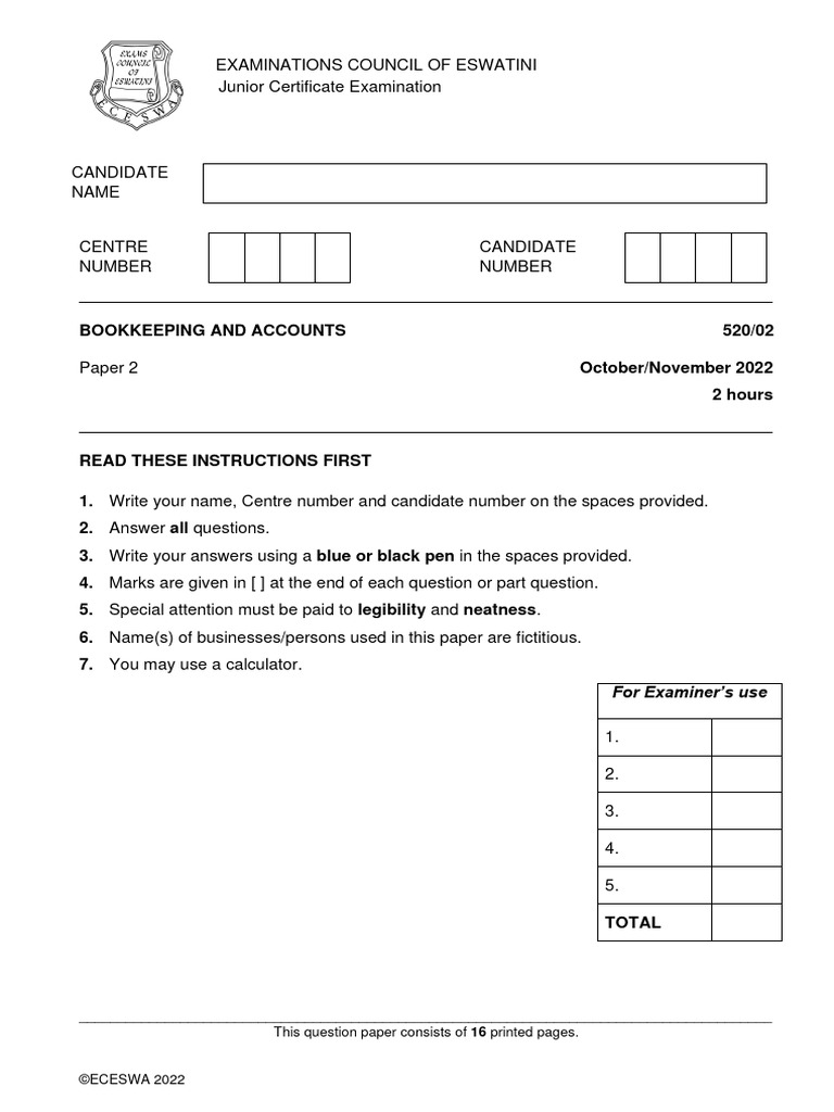 Jc bookkeeping and accounts 2022 question paper 2 download free pdf