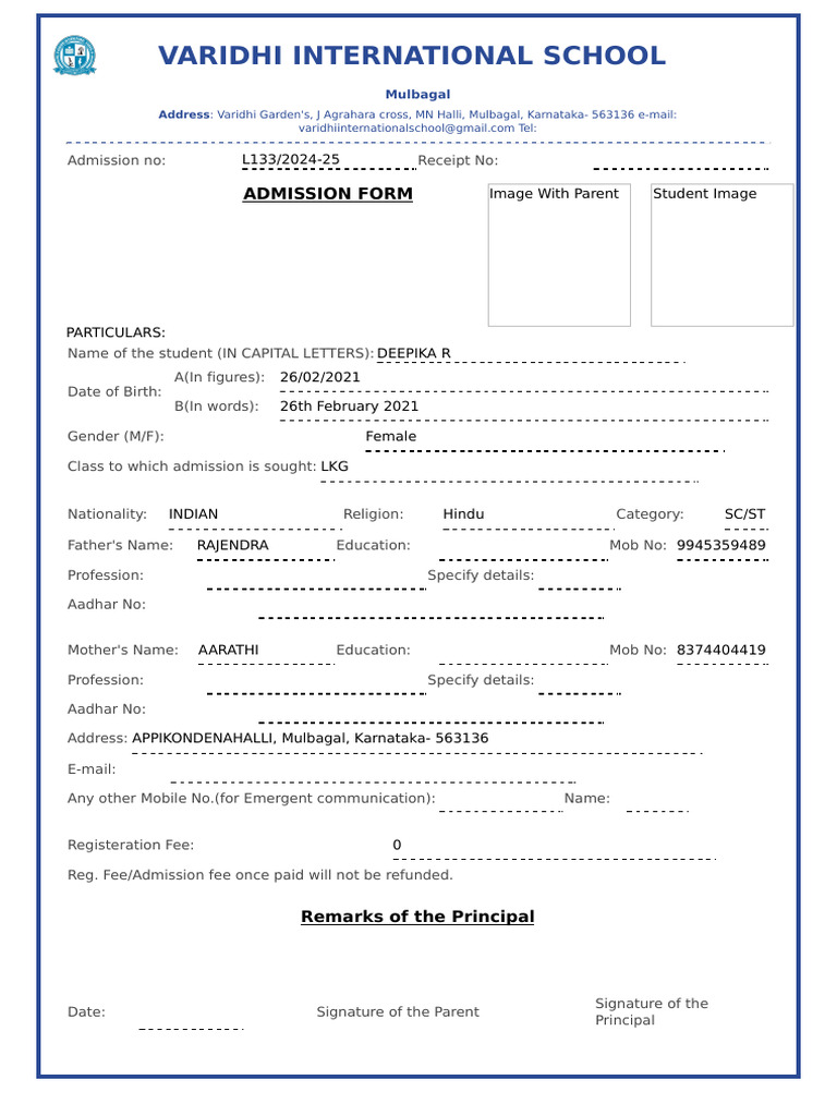 Varidhi International School Admission Form | PDF