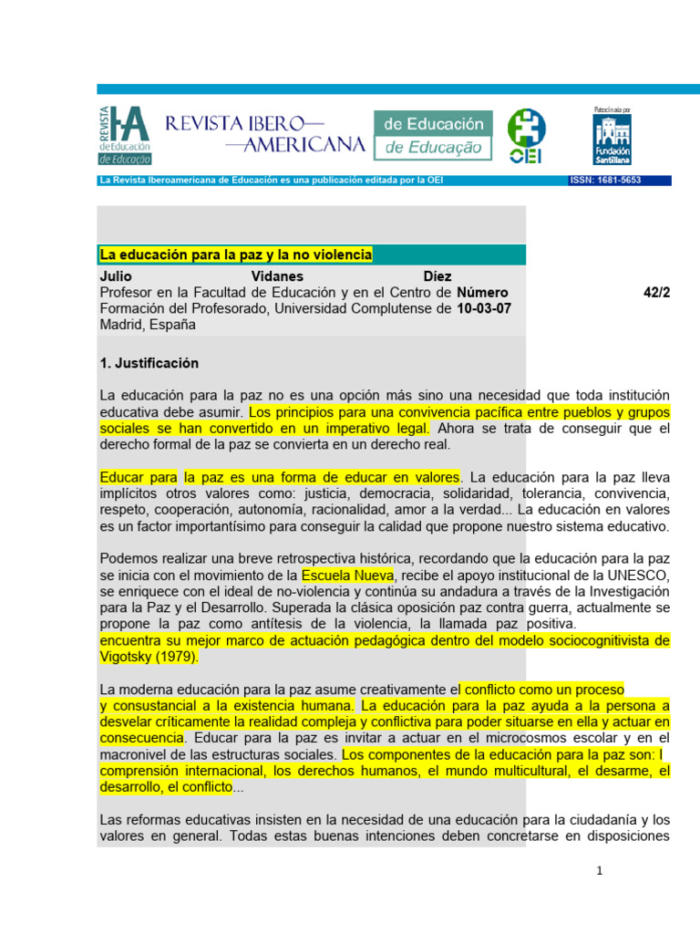 Copia de 1. Educación para La Paz | PDF | Plan de estudios | Violencia