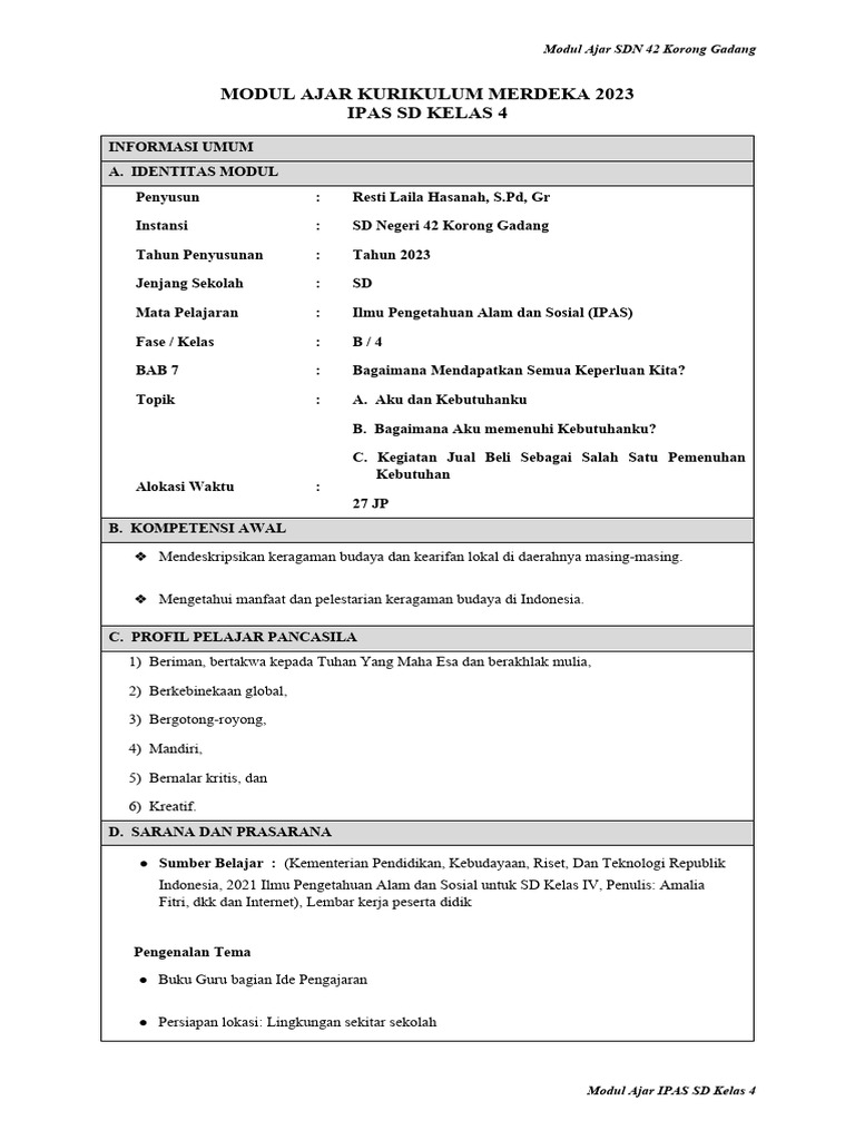 Modul Ajar IPAS Kelas 4 SD 2023 | PDF