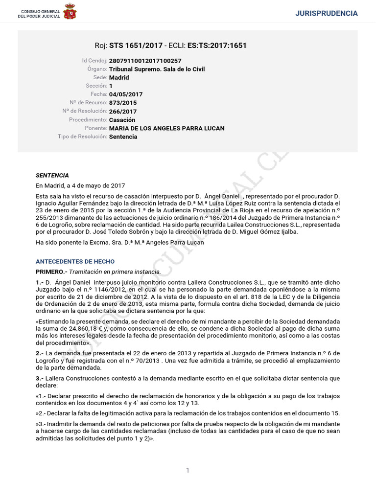 Sentencia del TS sobre reclamación de honorarios | PDF | Caso de ley ...