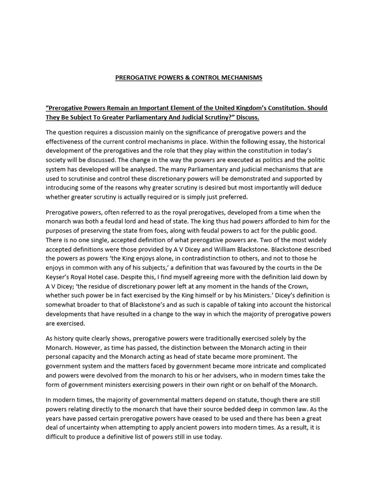 Prerogative Powers Essay | PDF | Parliament Of The United Kingdom | The ...