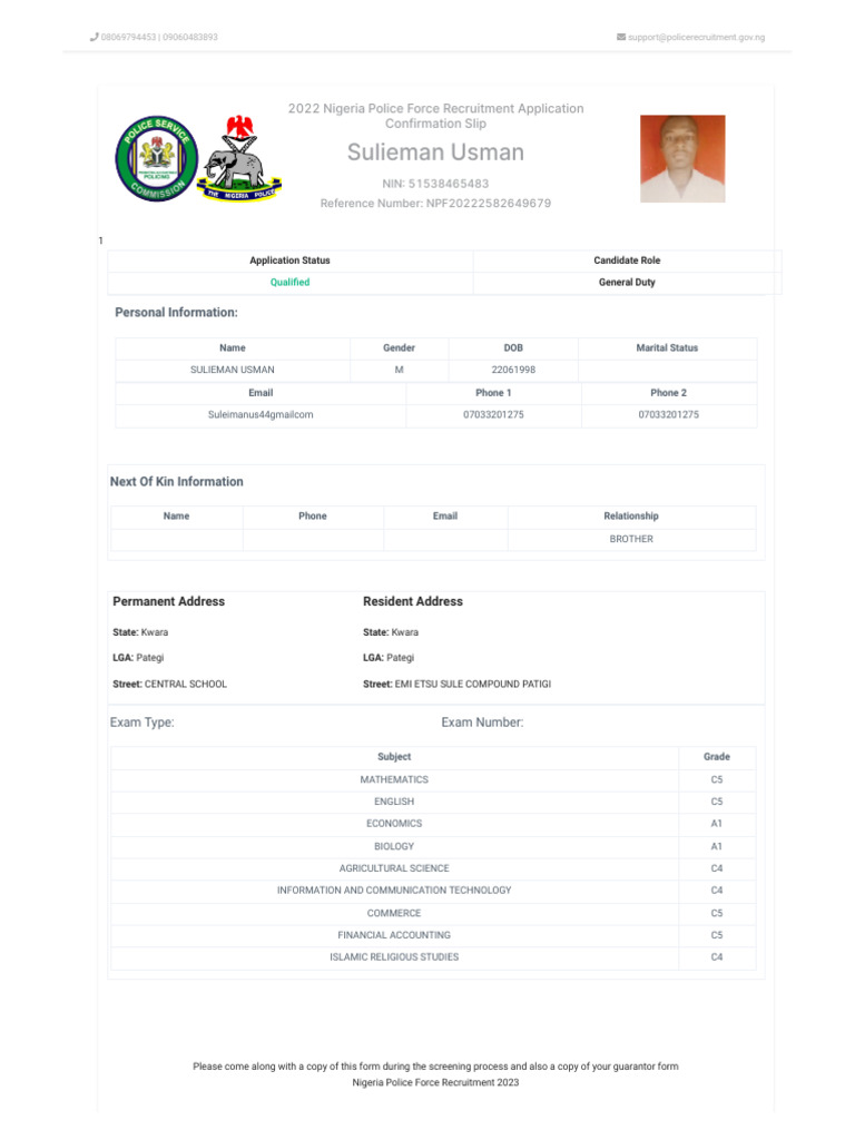 Nigeria Police Recruitment Confirmation Slip | PDF | Science