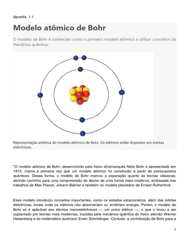 Aula 1.1a Sem Respostas Modelo Atômico de Bohr | PDF | Elétron | Niels Bohr