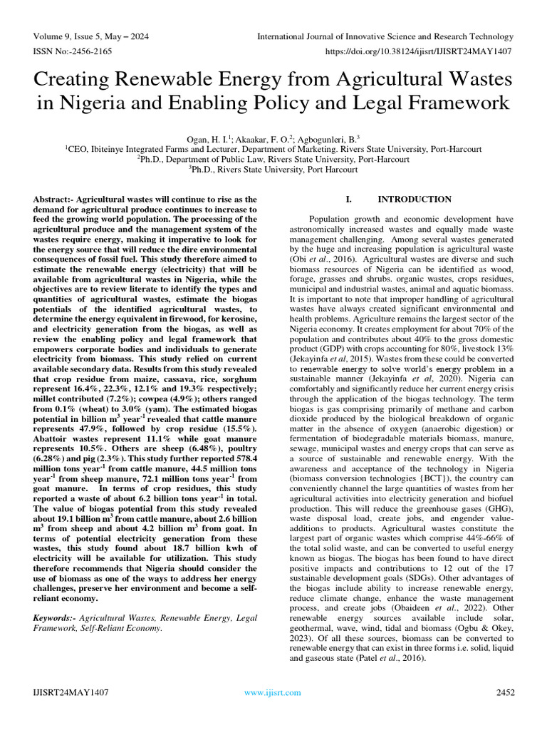 Creating Renewable Energy From Agricultural Wastes in Nigeria and ...