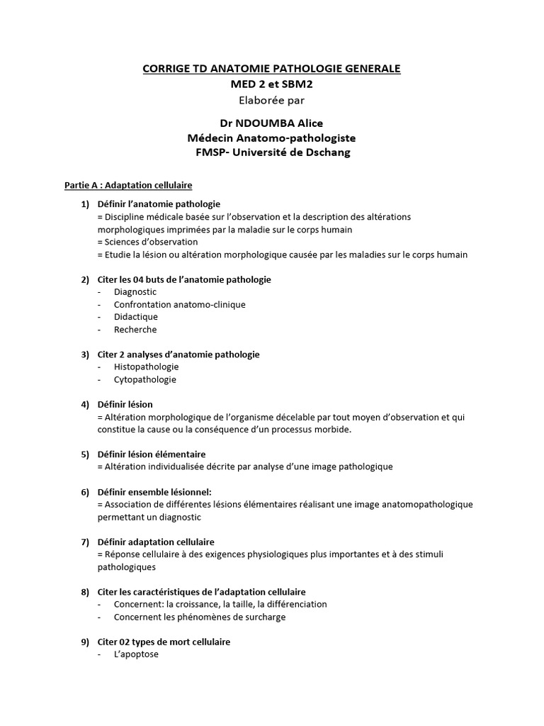 TD CORRIGE Anatomie Pathologie Général MED 2-SBM2 | PDF | Inflammation ...