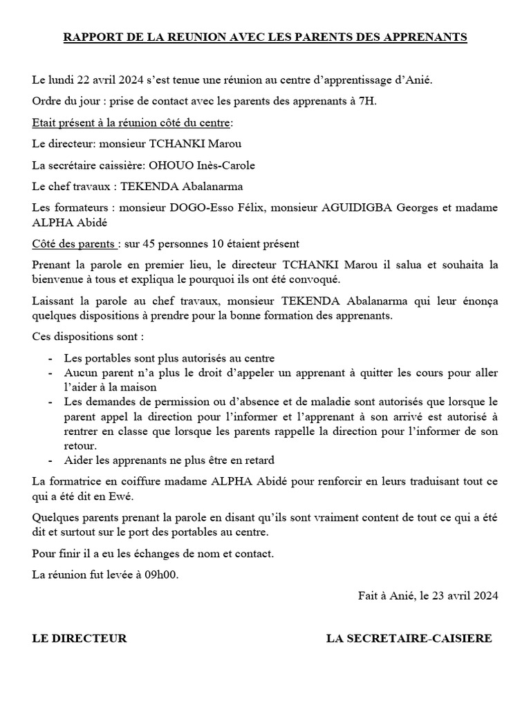 Rapport de réunion avec les parents | PDF