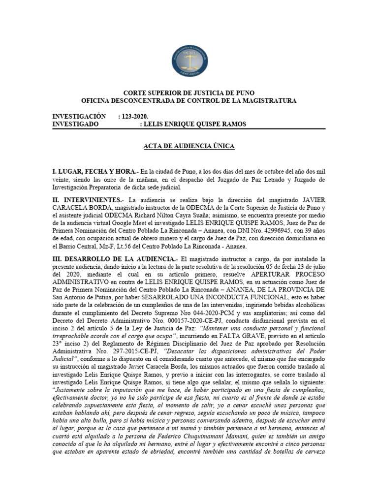 ACTA DE AUDIENCIA 2020 | Descargar gratis PDF | Justicia | Crimen y ...