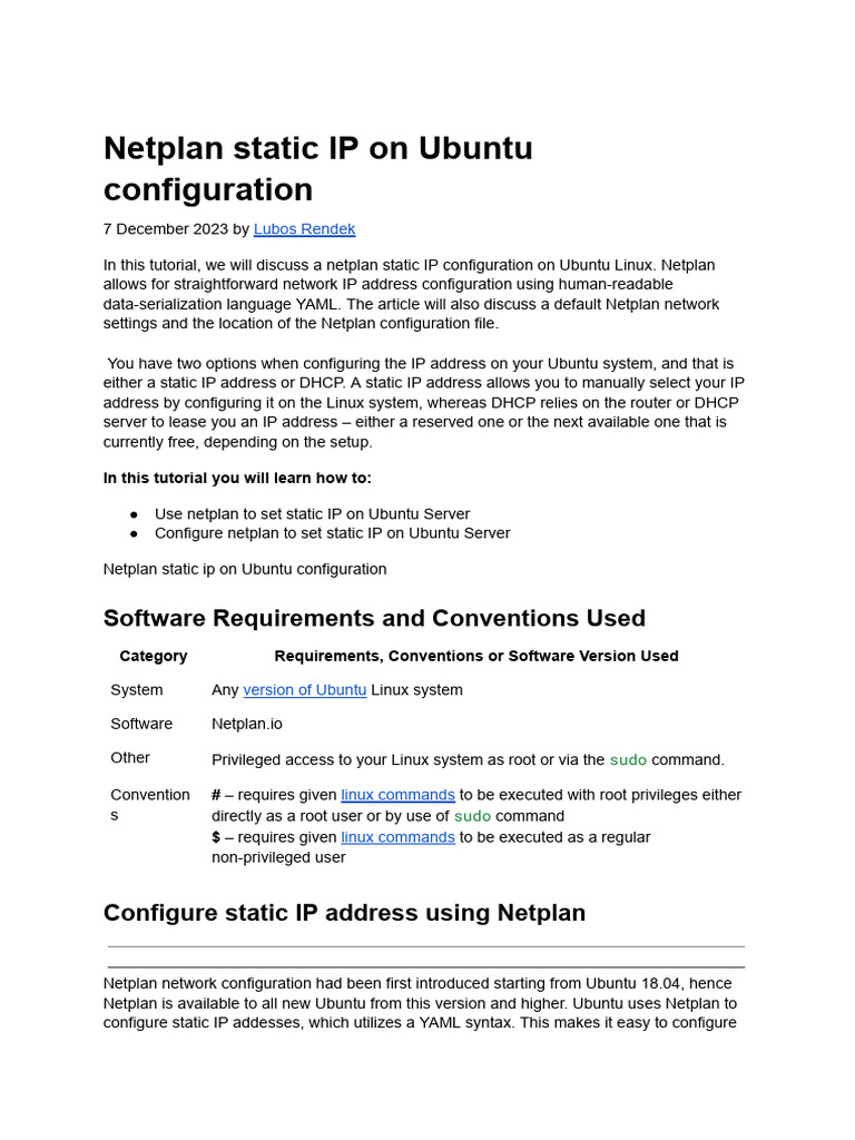 Configure Static IP with Netplan Ubuntu | PDF | Ip Address | Computer ...