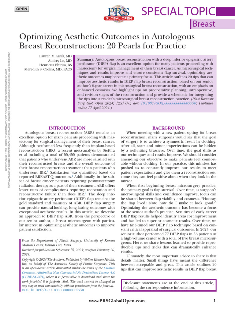 Optimizing Aesthetic Outcomes in Autologous Breast.38 | PDF | Breast ...