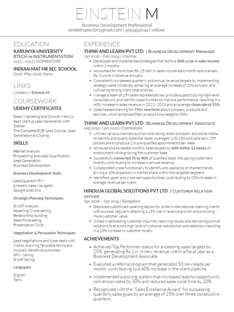 Business Development Resume of Einstein M | PDF | Sales | Customer ...