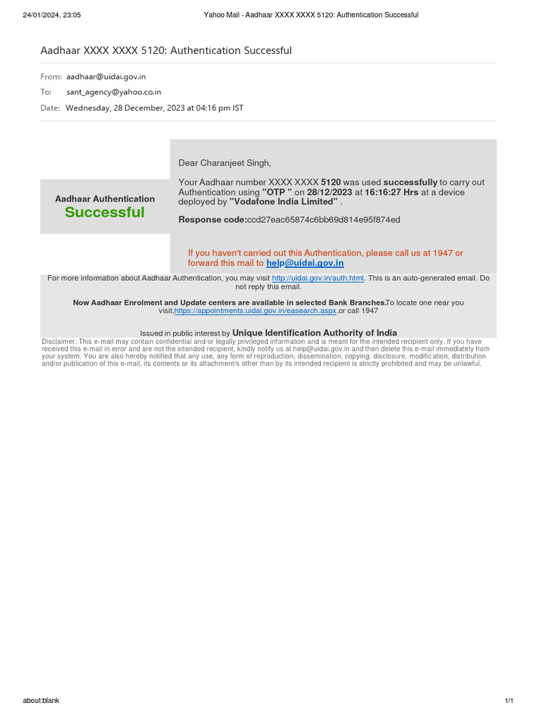 Aadhaar Authentication Success Notification | PDF