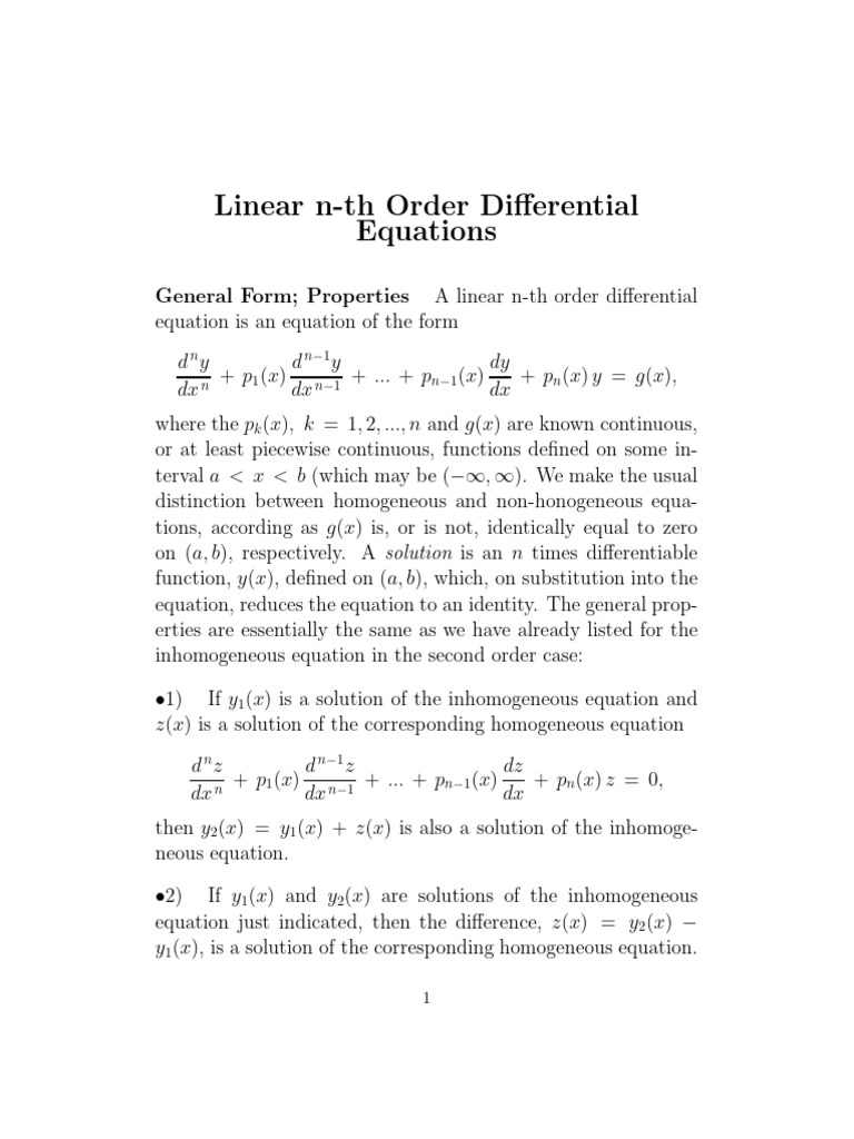 N-th Order Linear Differential Equations | PDF | Mathematical Analysis ...