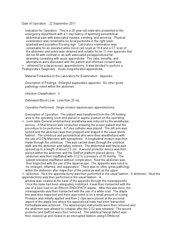 Laparoscopic Appendectomy Report | PDF | Medical Specialties | Clinical ...