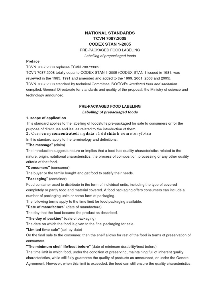 TCVN 7087 2013 PrePackaged Food Labelling English Translation