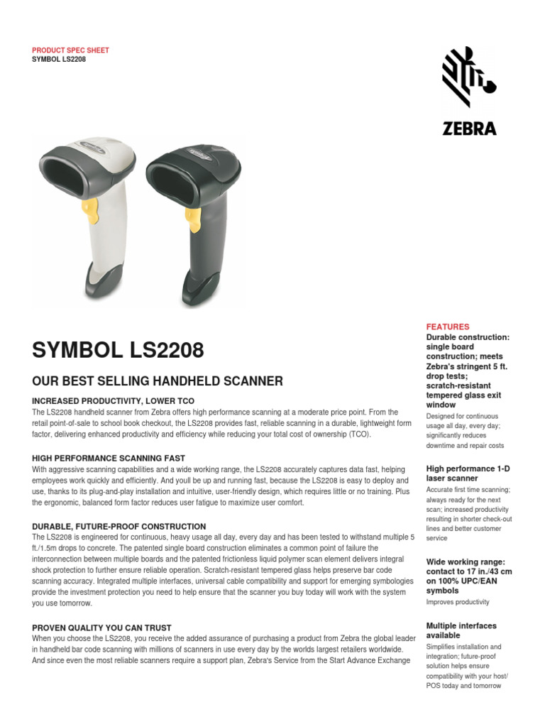 Zebra-Ls2208 Spec Sheet | PDF | Point Of Sale | Image Scanner