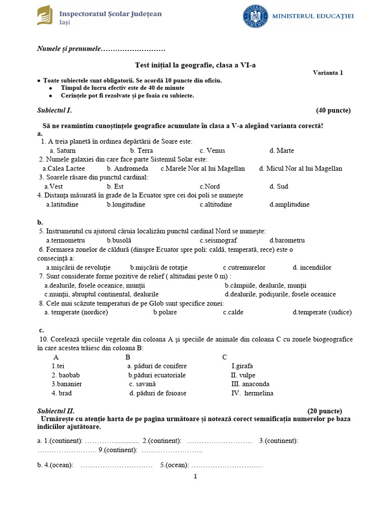 TI 6 2022 Test Initial Clasa A 6 Geografie | PDF