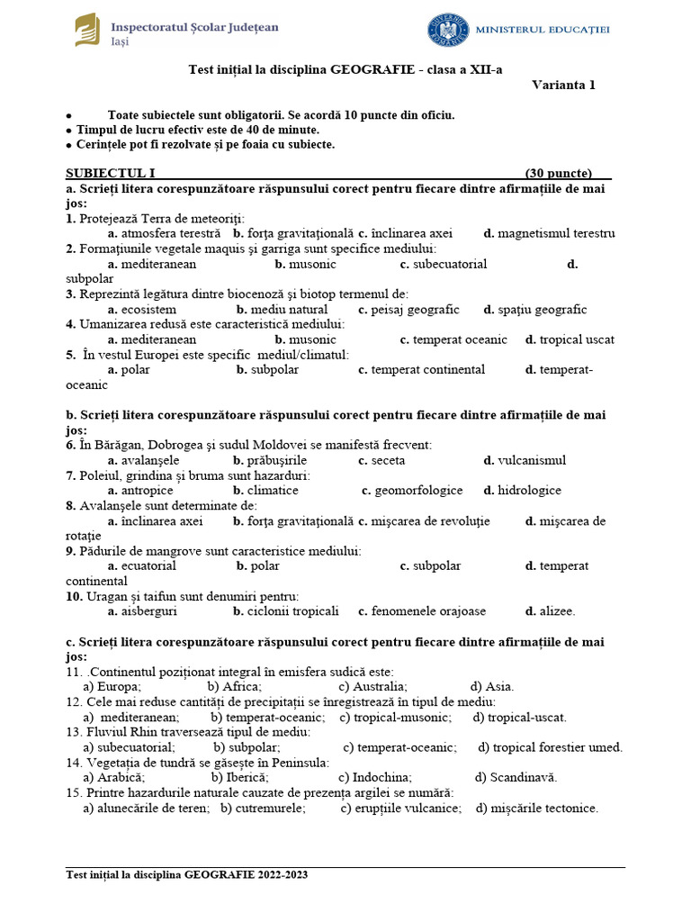 TI 12 2022 Test Initial Clasa A 5 Geografie | PDF