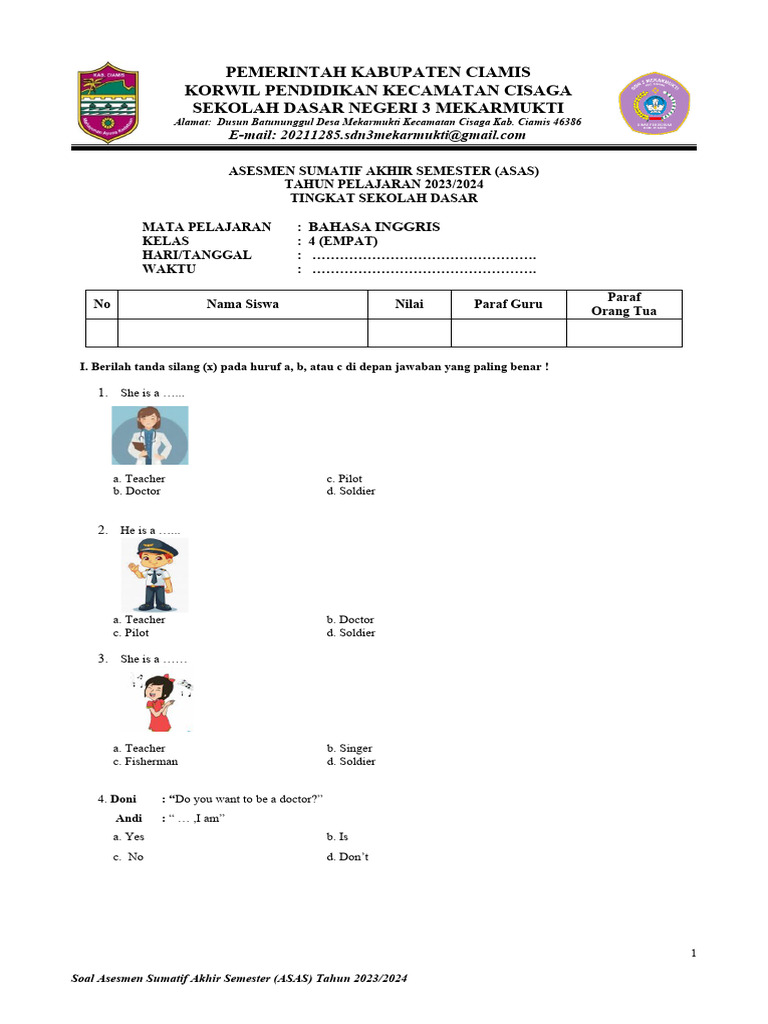 Soal Bahasa Inggris Kelas 4 Semester 2 | PDF | Language Arts & Discipline