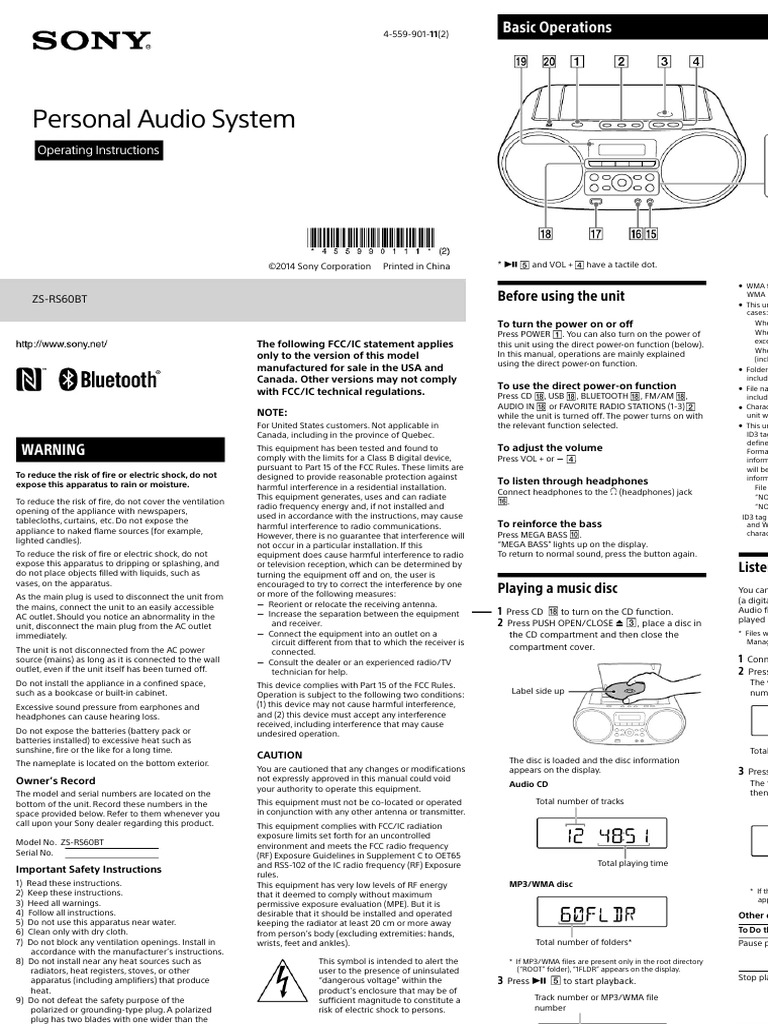 Sony ZS-RS60BT Operating Instructions | PDF | Ac Power Plugs And