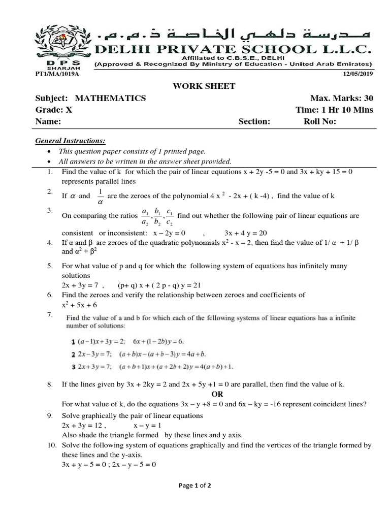Mathematics Worksheet for Grade X | PDF | Equations | Polynomial