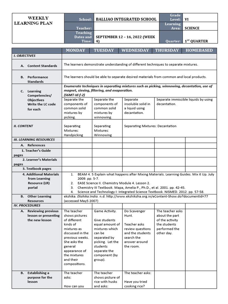 DLL - Science 6 - Q1 - W4 | PDF | Cognitive Science | Teaching