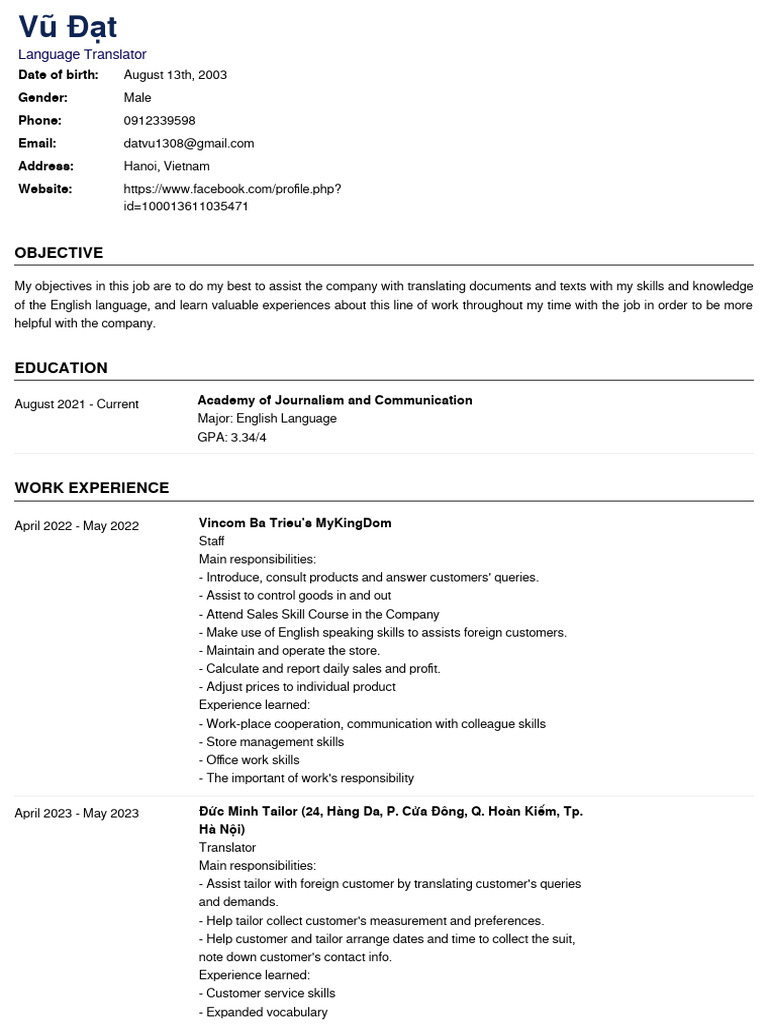 Vu Dat TopCV - VN 080424.202507 | PDF | Hanoi | Translations