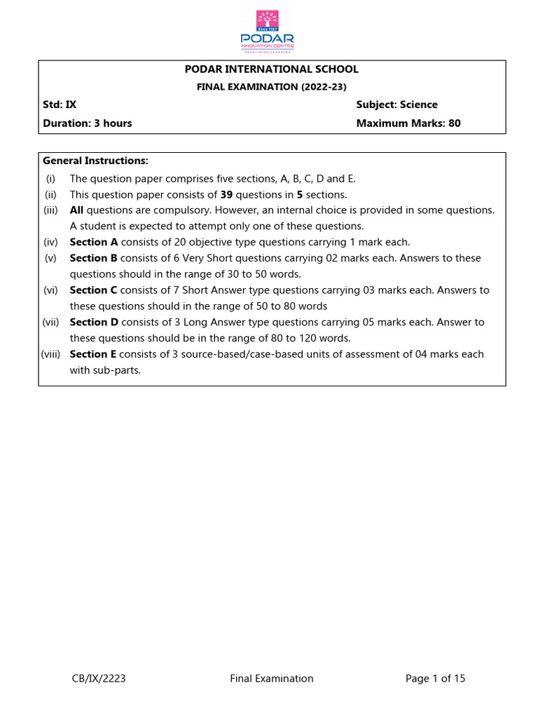 IX Science Final Exam Paper 2022-23 | PDF | Force | Mass